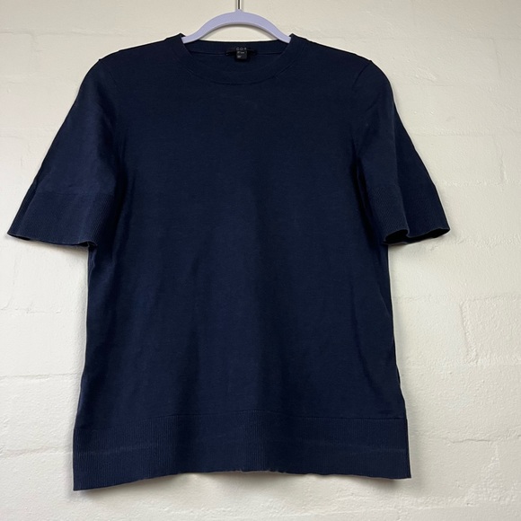 Cos Sweater sz Small Navy Blue 3/4 sleeve pullover contrast hem Cotton Silk Mix - Picture 4 of 10